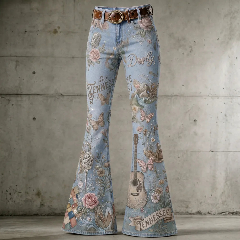 Women's Dolly Parton Country Music Guitar Rose Printed Flare Pants