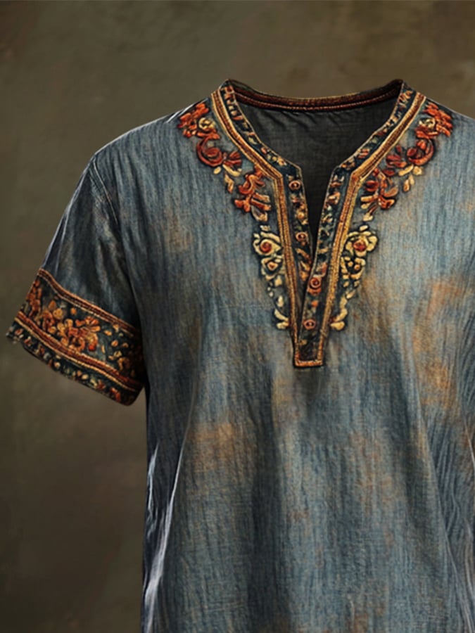 Men's Vintage Floral Casual Henley Short Sleeve T-Shirt