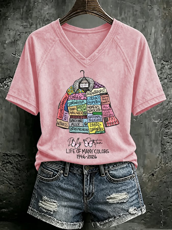 V Neck Retro Coat Of Many Colors Print T-Shirt