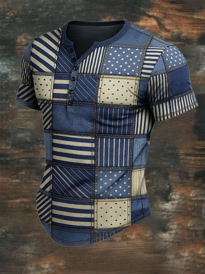 Men's vintage-look patchwork print Henley T-shirt with short sleeves