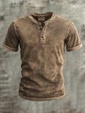 Men's vintage-style Henley print short-sleeved T-shirt