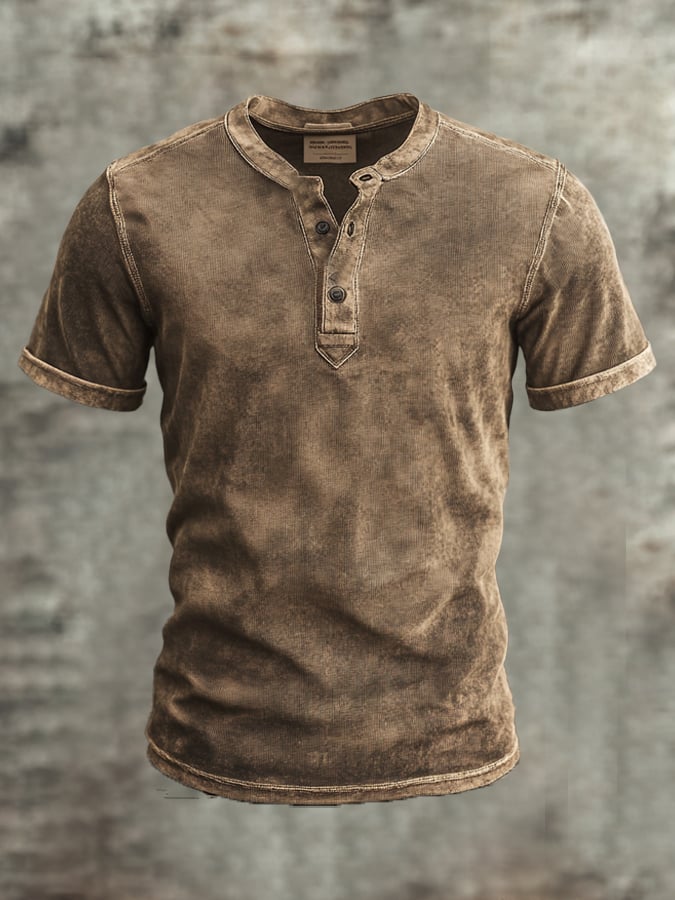 Men's vintage-style Henley print short-sleeved T-shirt