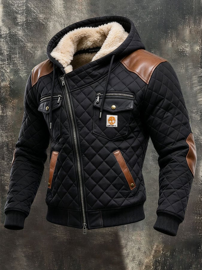 Men's Retro Textured Diamond-Pattern Paneled Leather Hooded Jacket