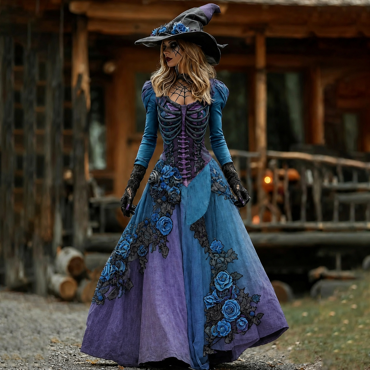 Vintage  Skull Rib Cage Rose Pattern Maxi Dress