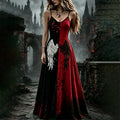 Women's Halloween Black And Red Color-blocked Black And White Wing Strap Dress