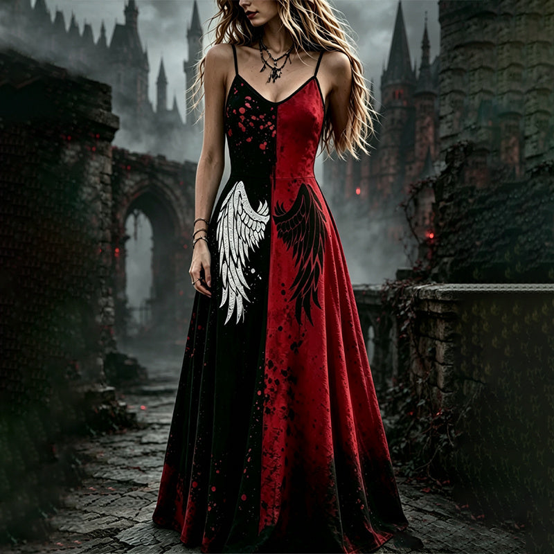 Women's Halloween Black And Red Color-blocked Black And White Wing Strap Dress