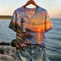 Women's Casual Retro Lake Ontario Landscape Print V-neck Short Sleeve T-shirt