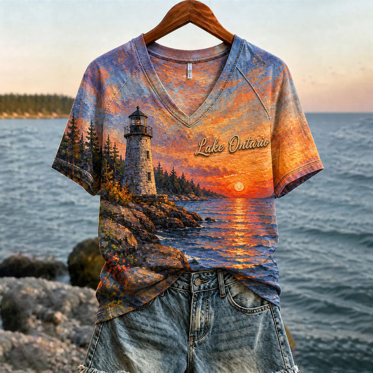 Women's Casual Retro Lake Ontario Landscape Print V-neck Short Sleeve T-shirt