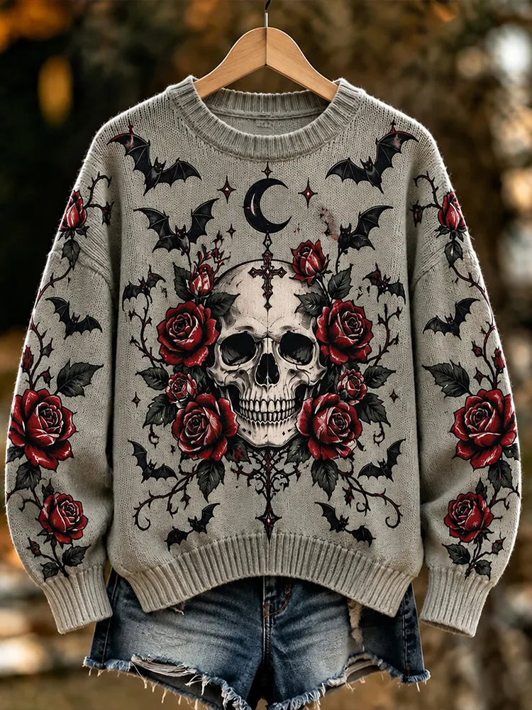 "vintage Gothic Halloween Skull Red Rose Bat Moon Knit Sweater  "