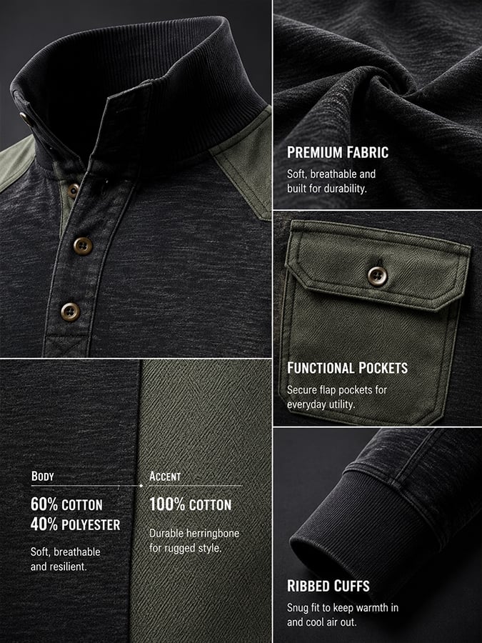 Men’s Tactical Henley | Cargo Pocket Contrast Long‐Sleeve
