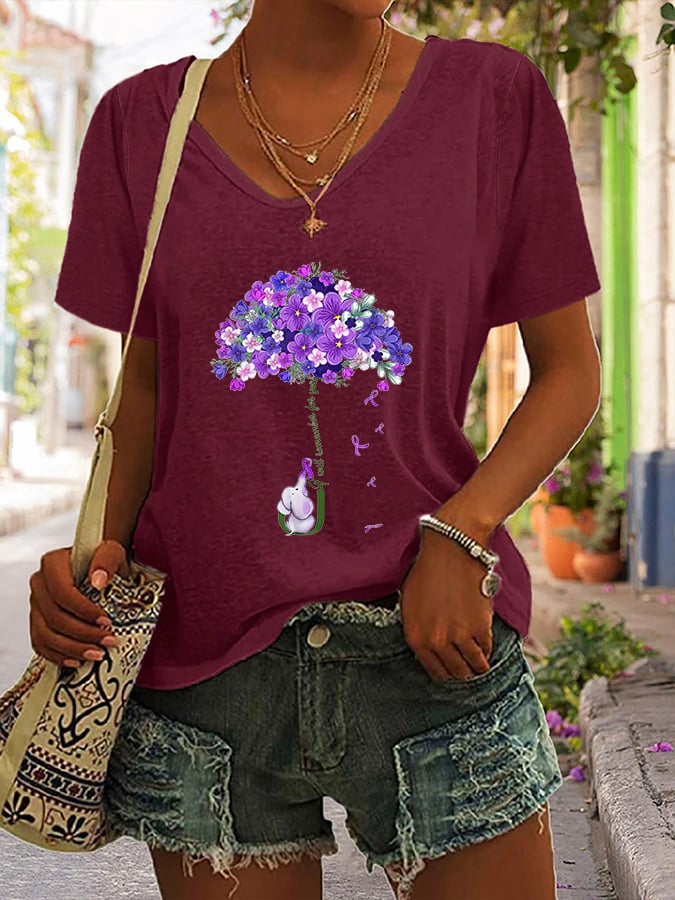V-neck  Alzheimer's Awareness I Wear Purple For My Mother Print T-Shirt