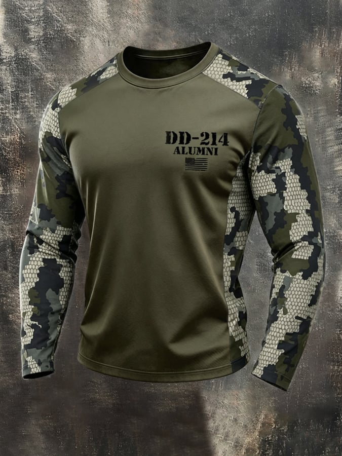 Men's Vintage Camouflage Color-Block DD-214 Crew-Neck Long-Sleeve T-Shirt