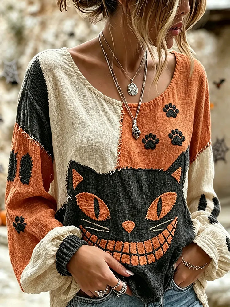 Women's Retro Wizard Evil Kitten Art Embroidered Linen Blend Round Neck Long Sleeve Tops