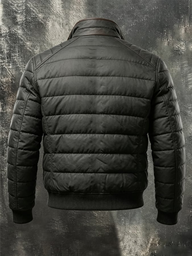 Men's Retro Leather Quilted Patchwork Warm Zipper Outdoor Jacket