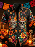 Men's Day Of The Dead Colorful Sugar Skull Floral Print Short Sleeve Buttons Shirt