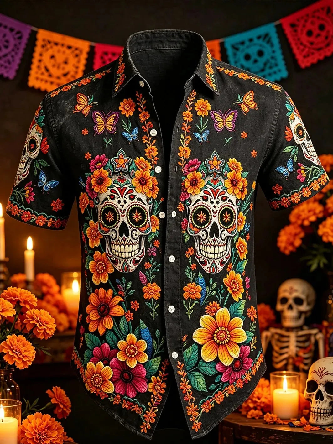 Men's Day Of The Dead Colorful Sugar Skull Floral Print Short Sleeve Buttons Shirt