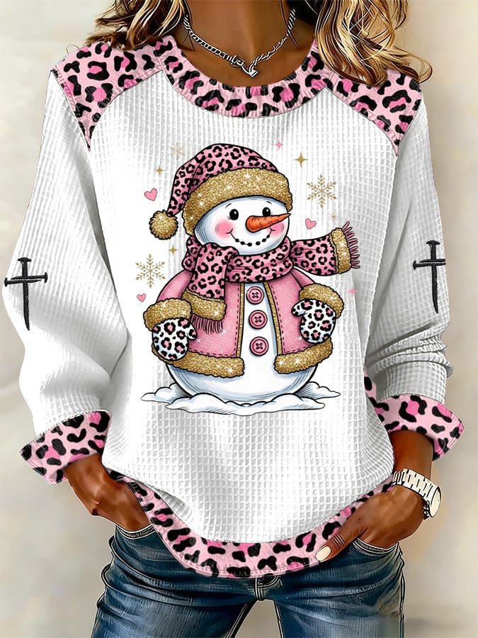Women's Casual Pink Leopard Print Snowman Waffle Sweatshirt