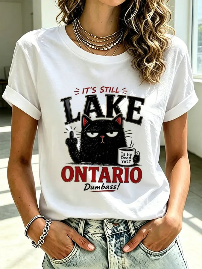 Women's Retro Lake Ontario Cat Art Print Crew Neck Short Sleeve T-shirt