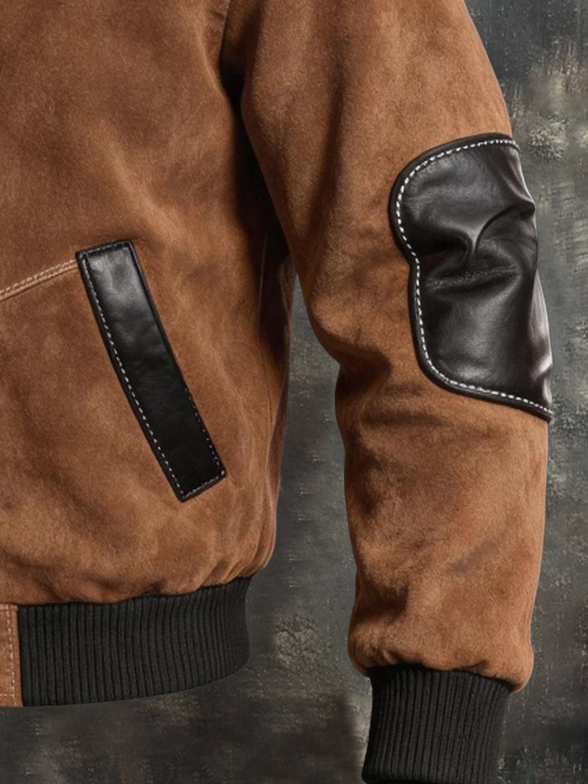 Men's Retro Faux Suede Color-Block Jacket with Warm Fur Collar
