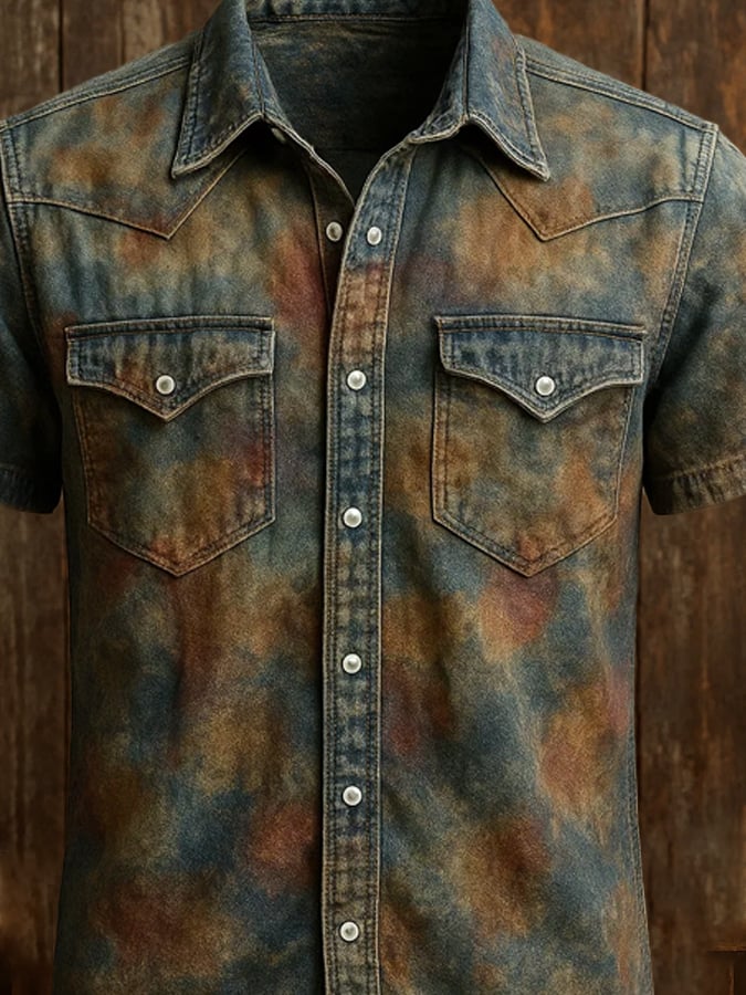Men's vintage twill shirt with two pockets and short sleeves in a used look