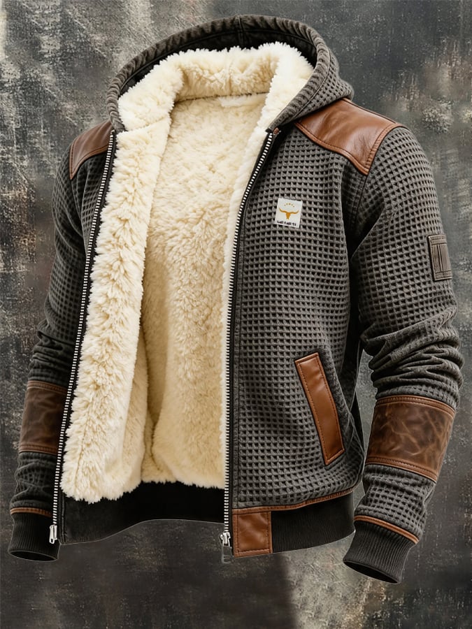 Men's Vintage Thermal Waffle-Lined Multi-Pocket Outdoor Leather Jacket