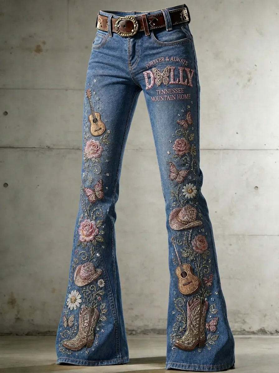 Women's Dolly Parton Guitar Butterfly Rose Printed Flare Jeans
