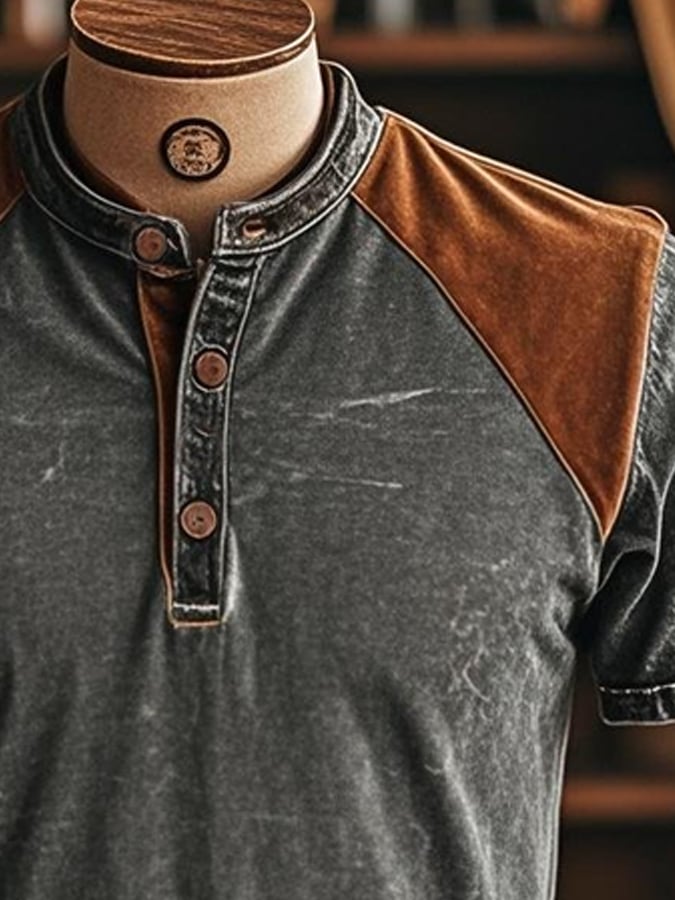 Men's vintage distressed suede short sleeve Henley T-shirt