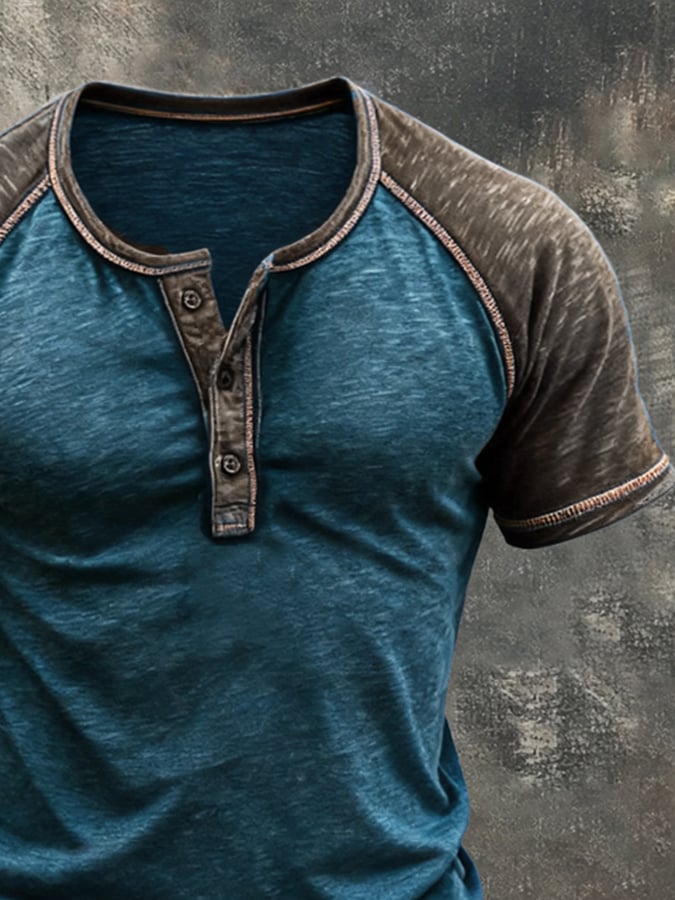 Men's Retro Color-Block Short-Sleeve Henley Shirt