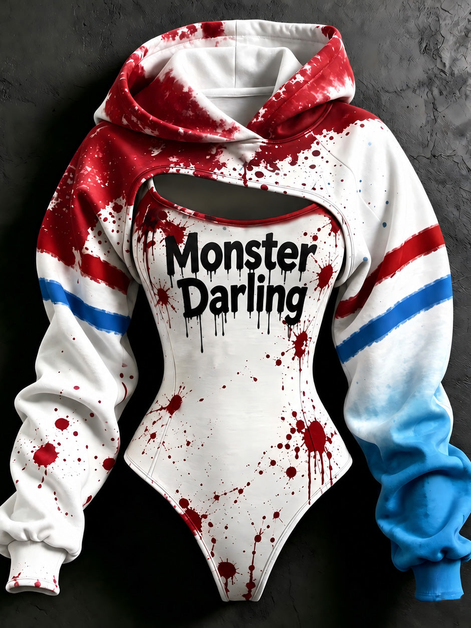Women's Halloween Bloody Monster Darling Slogan Print Hoodie Two-piece Set