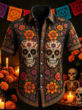 Men's Day Of The Dead Sugar Skull Floral Graphic Print Short Sleeve Buttons Shirt