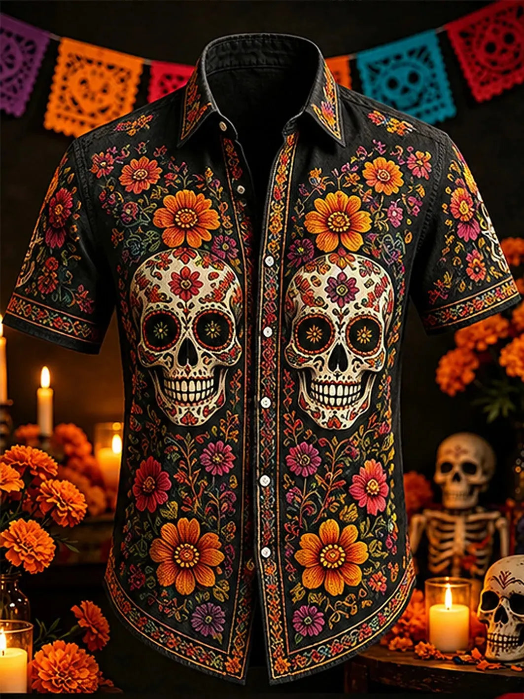 Men's Day Of The Dead Sugar Skull Floral Graphic Print Short Sleeve Buttons Shirt