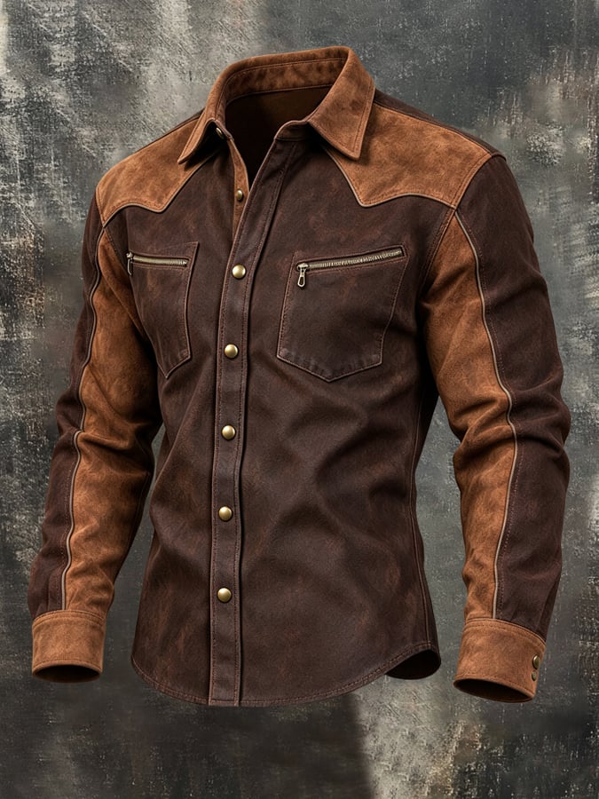 Men's Vintage Western-Style Color-Block Long-Sleeve Faux Suede Shirt