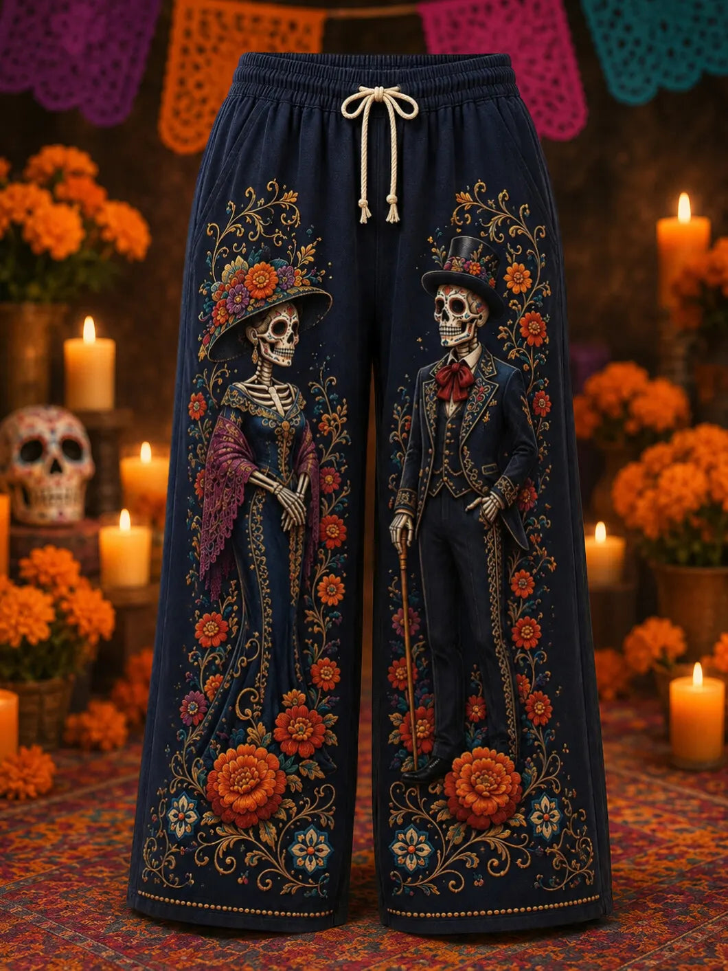 Men's Day Of The Dead Skeleton Couple Flourishing Dahlia Print Pants