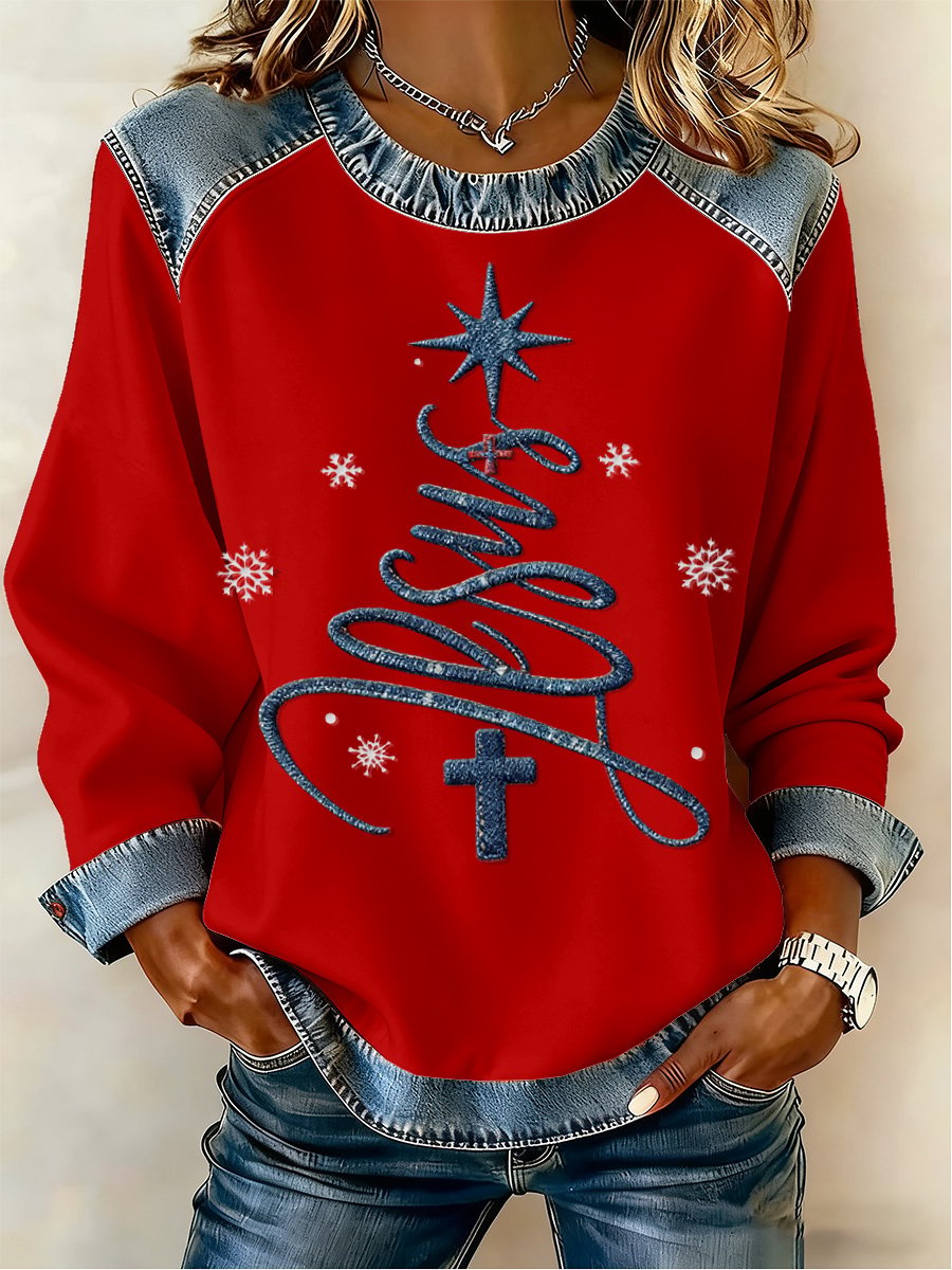 Women's Casual Retro Faith Christmas Tree Sweatshirt