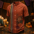 Men's Skeleton Couple With Blooms And Butterflies Day of the Dead Print Stand Collar Short Sleeve Shirt