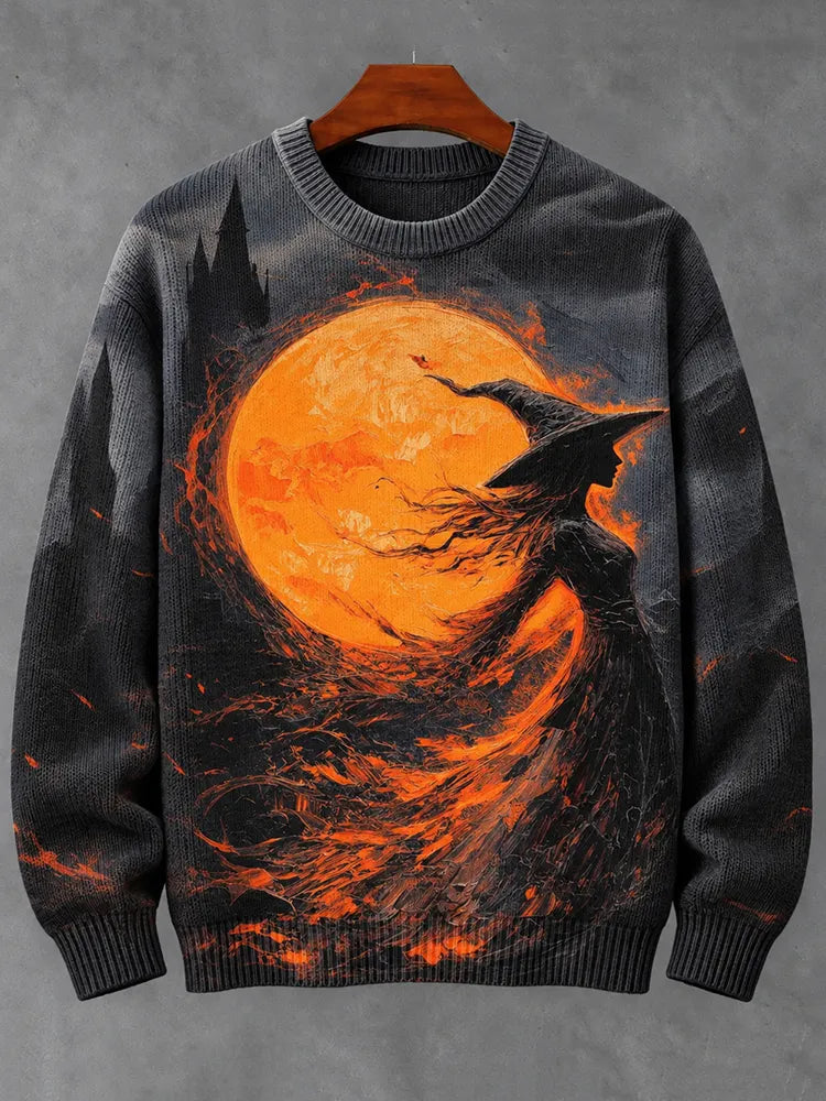 Men's Retro Halloween Moon Print Casual Knit Sweater