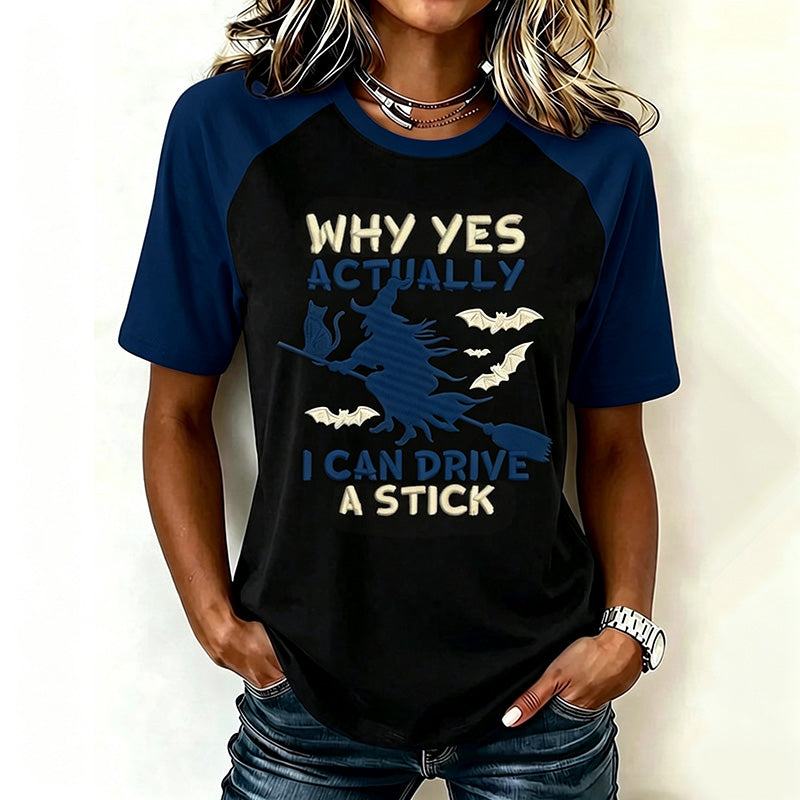 Women's Retro Halloween Theme Pattern I Can Drive A Stick Print Short-sleeve T-shirt