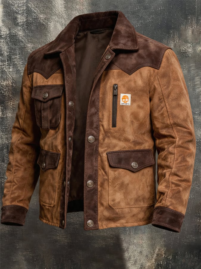 Men’s Vintage Suede-Look & Leather-Panelled Insulated Multi-Pocket Western-Style Outdoor Jacket