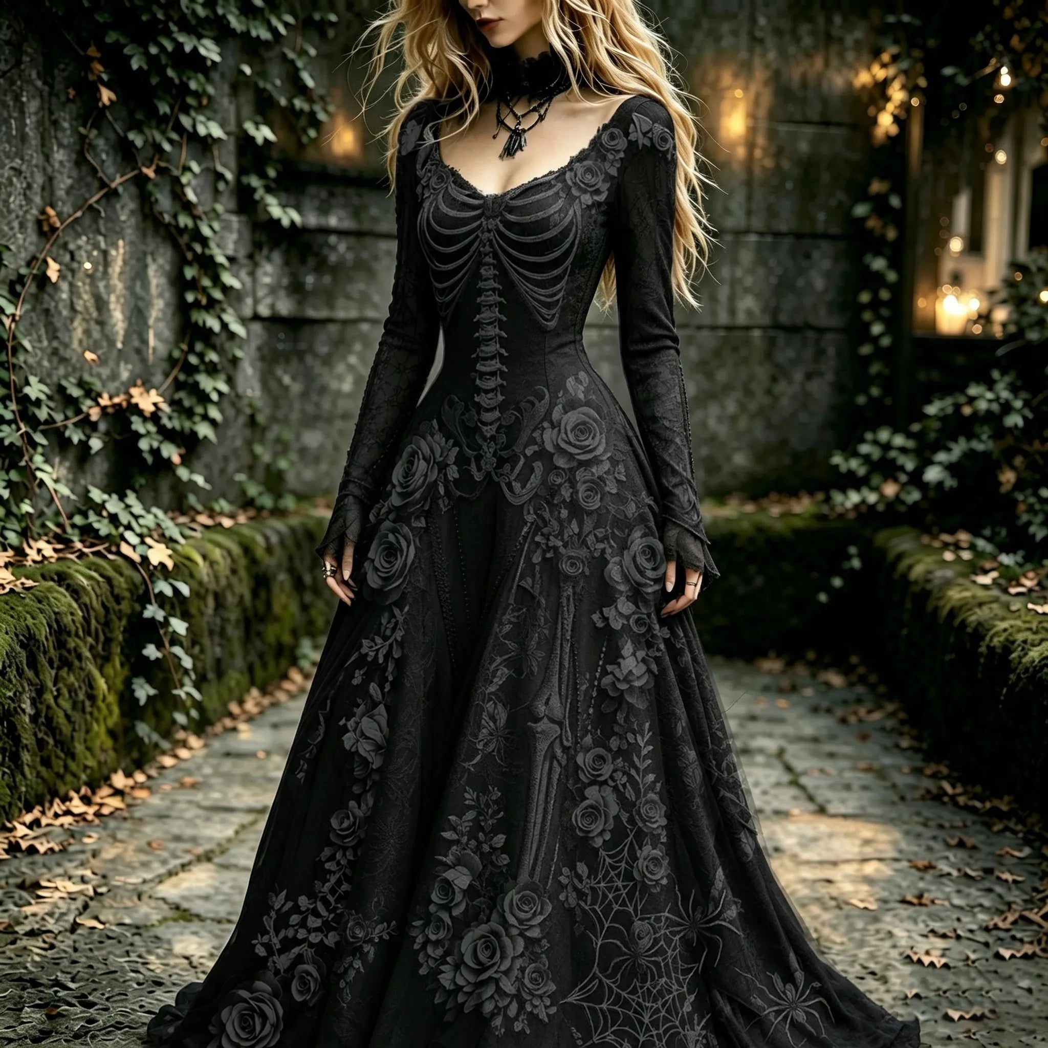Women's Retro Gothic Black Rose And Human Skeletal Art Pattern Maxi Dress
