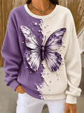 Women's "Dazzling Purple Butterfly Gemstone" Ombre Rib-Knit Sweatshirt