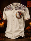 Men's Day of the Dead Floral Pattern Print Stand Collar Short Sleeve Shirt