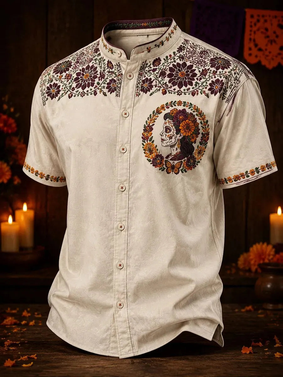 Men's Day of the Dead Floral Pattern Print Stand Collar Short Sleeve Shirt