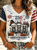 Women's V-neck Short Sleeve T-shirt Featuring 250th Anniversary Patriotic Skeleton Cats And Fireworks