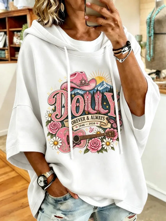 Women's commemorative printed round neck hooded sweatshirt