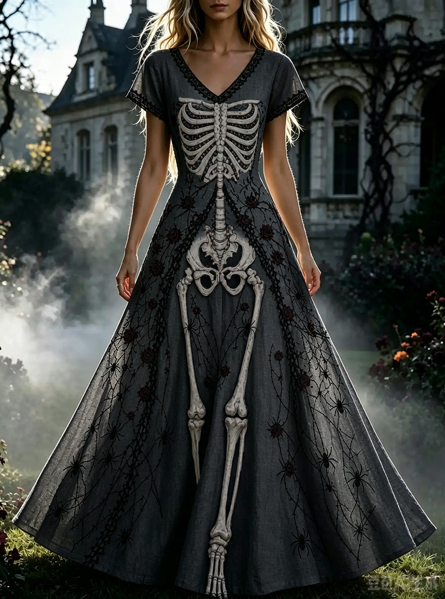 Women's  Retro Gothic Skull Floral Pattern Short Sleeves Maxi Halloween Dress