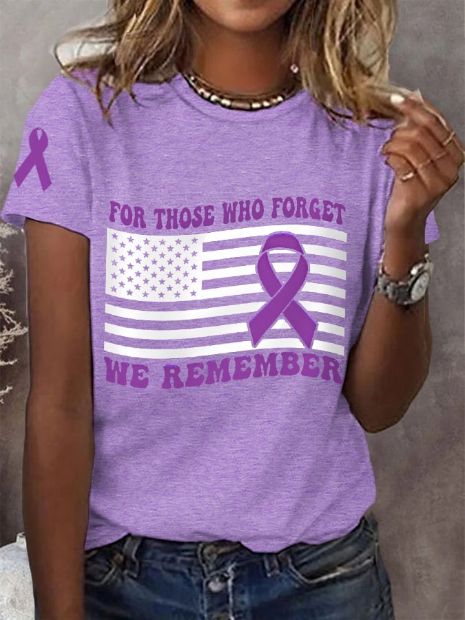 Women's For Those Who Forget We Remember, Purple Ribbon American Flag Alzheimer's Awareness Warrior Tee