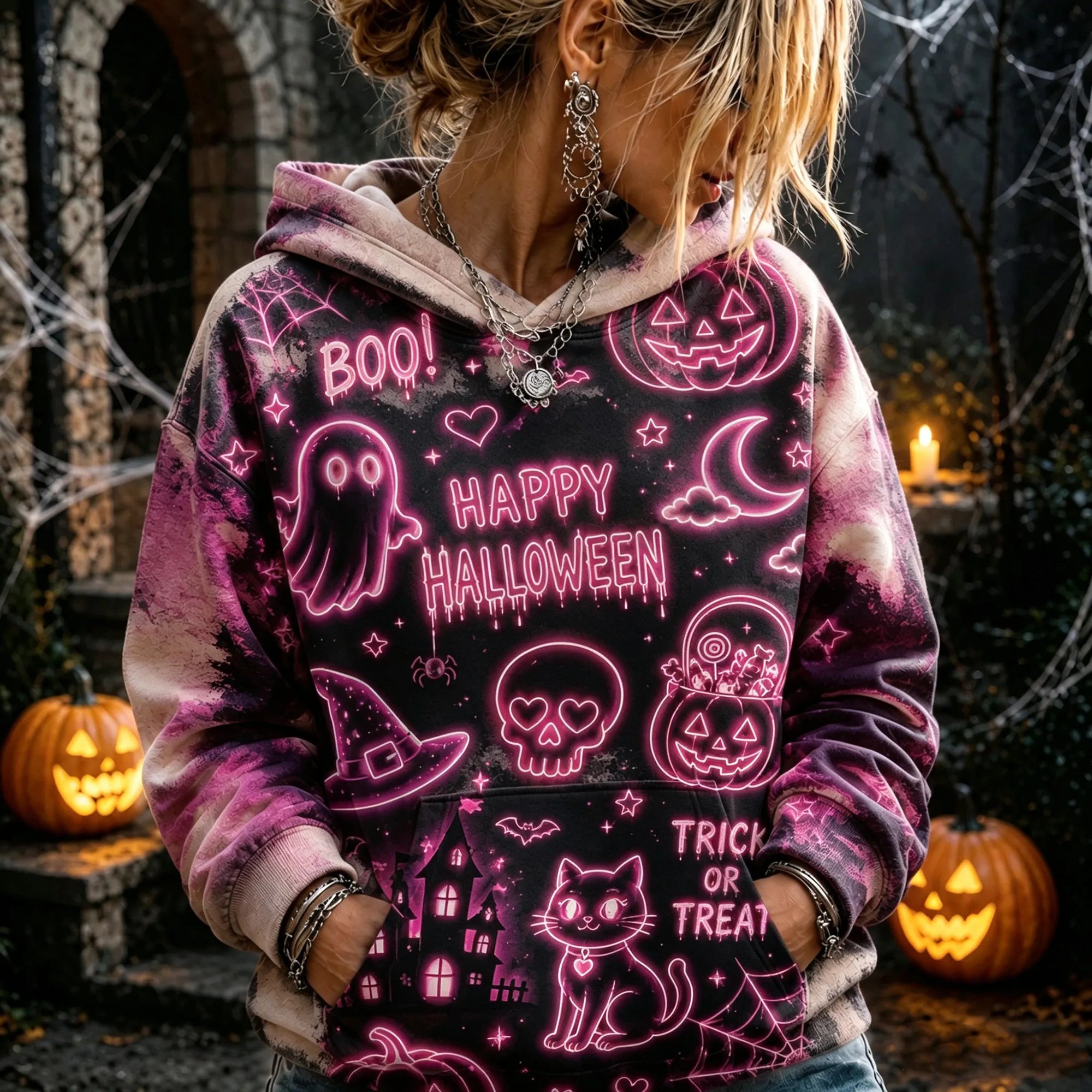 Vintage Tie-dye Neon Halloween Ghost Pumpkin Eerie "trick Or Treat" Pattern Hoodie