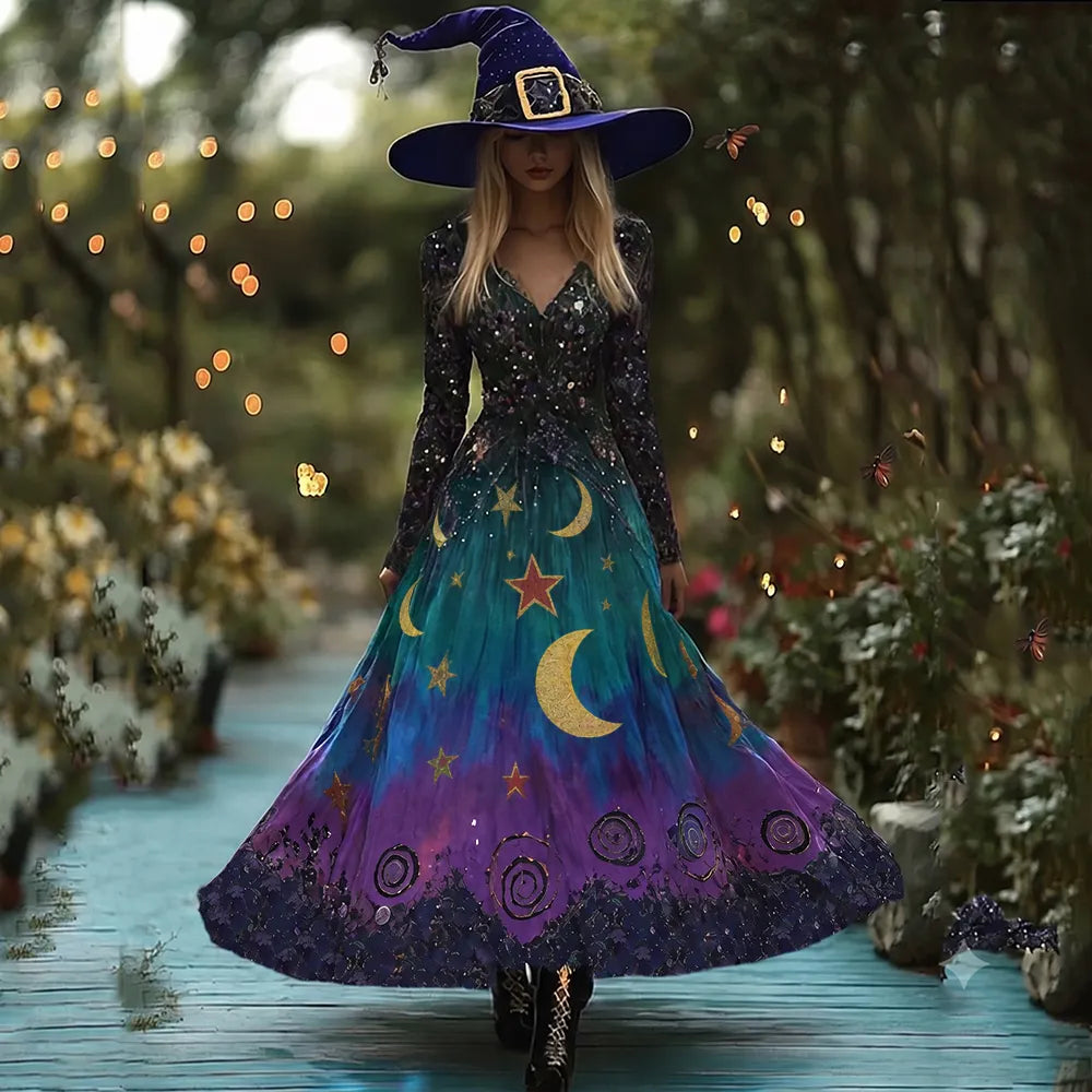 Women's Halloween Gradient Tarot Star Moon Design  Maxi Dress