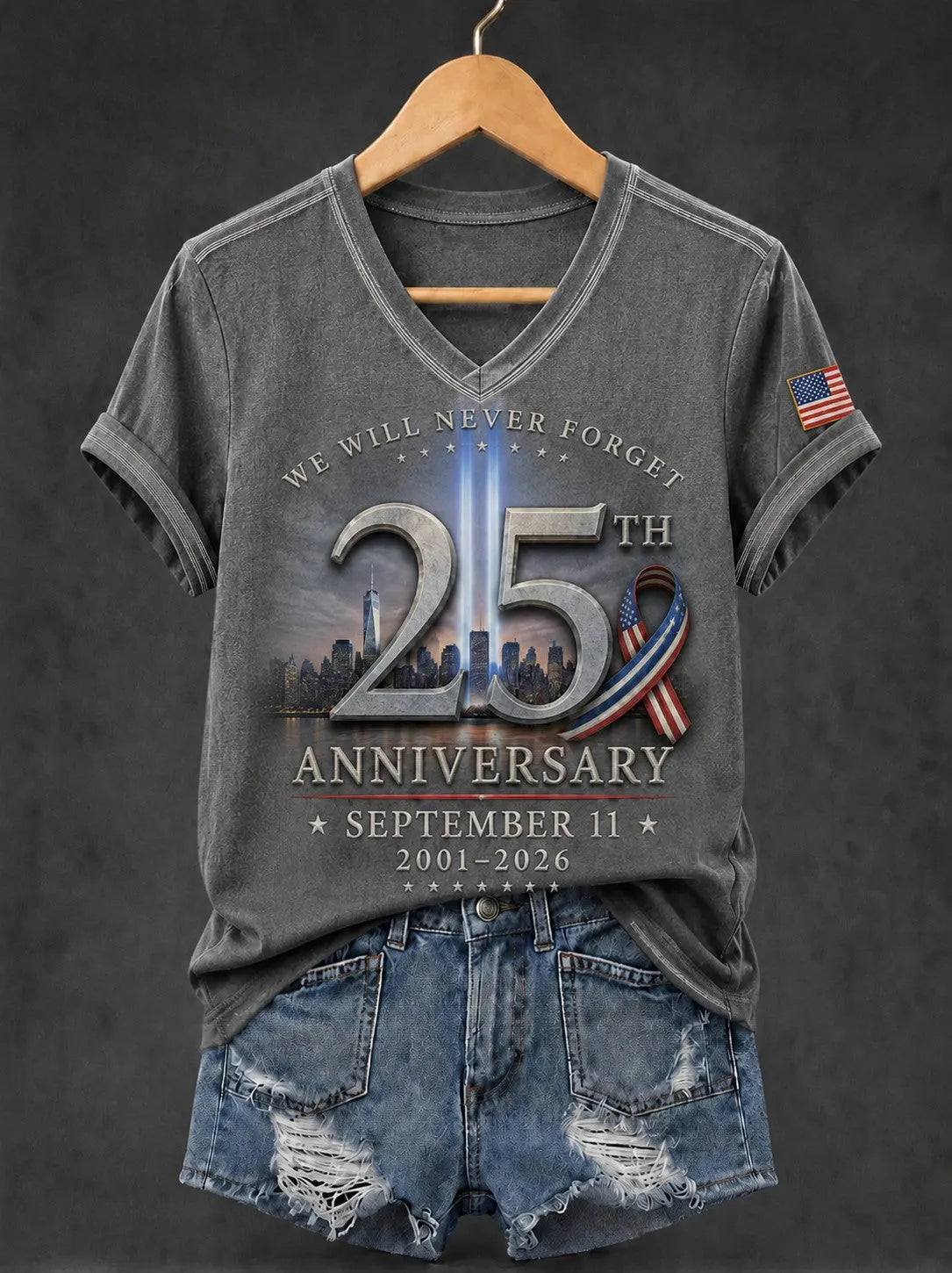 Women's 9.11 Never Forget Printed V-neck T-shirt