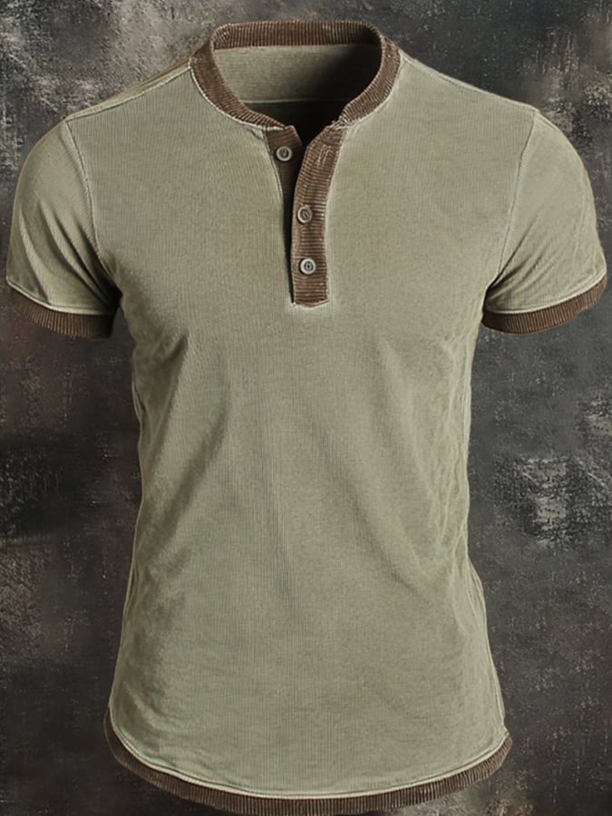 Men's casual Henley shirt with vintage print and short sleeves